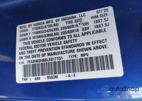 2020 Honda Cr-V Awd Ex-L z USA, uszkodzony, nr VIN 7FARW2H88LE017151